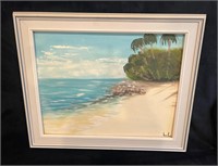 ANTIQUE OIL PAINTING WHITE SAND BEACH