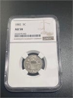 1882 5 cent nickel NGC AU58 Price Guide $175