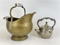 Vintage Brass Scuttle & Silver Plate Tea Pot