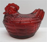 Cracker barrel red glass rooster dish with lid.