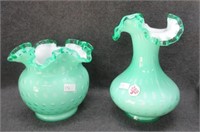(2) Green cased ruffled edge vases. Tallest