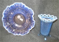 Opalescent ruffled edge bowl and 5" tall vase.