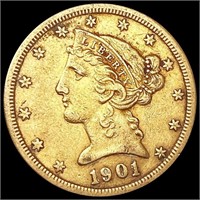 1901-S $5 Gold Half Eagle LIGHTLY CIRCULATED