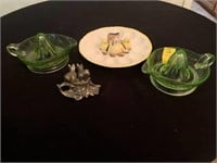 2 GREEN GLASS REAMERS, CHICKEN EGG PLATE,