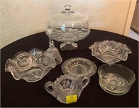 COVERED CAKE PLATE, ASSORTED GLASS BOWLS,