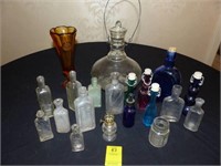 DECANTER, AMBER VASE, MISCELLANEOUS SMALL BOTTLES