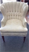 White brocade tufted wingback chair, needs spot