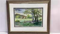 Original Watercolor of farm scene with stone wall