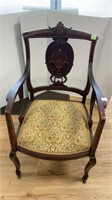 Antique chair- wood inlay design, on wheels- 38’’