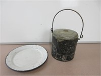 Tin Tea Pot and Porcelain Enamel Plate