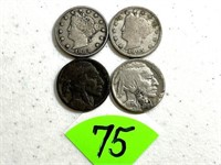 1883 & 1905 V Nickels & (2) Buffalo Nickels