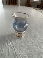 Glass Bud Vase Iridescent Blue and Clear Gold Trim