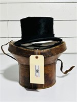 Early Leather Top Hat Box w/Hat