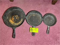 GROUP OF 3 CAST IRON SKILLETS - 6IN, 8IN, AND 10IN