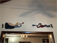 WALL TAPESTRY - 54IN LONG - AND TWO WOODEN FIGURES