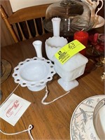 GROUP OF MILK GLASS INCLUDING CANDY DISH, BUD VASE