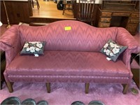 BURGUNDY UPHOLSTERED VICTORIAN STYLE SOFA 83IN LON
