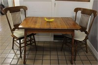 Vtg. Oak Table W/2 Spindle Pressed Back Chairs