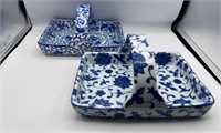 Blue & white handled trays dishes