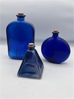 3 vintage bottles cobalt blue