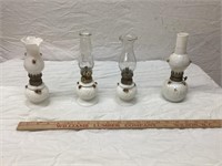 4 MILK GLASS OIL LAMPS