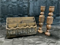 DESK ORGANIZER AND WOODEN CANDLE HOLDERS
