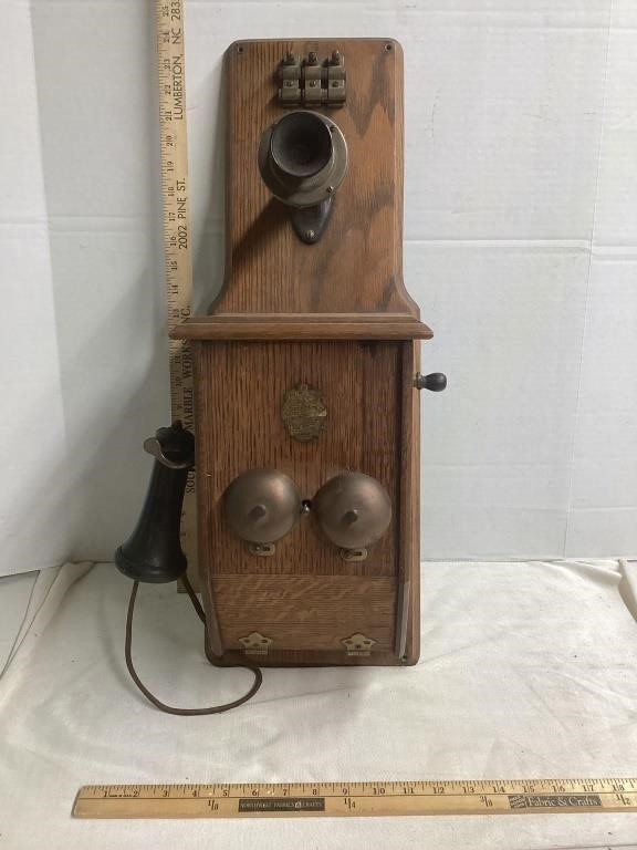 EARLY WOODEN HAND CRANKED TELEPHONE
