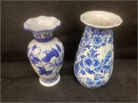 2 Blue & White Flower Vases
