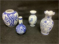 4 Asian Blue & White Smaller Vases