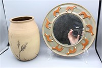 Signed Studio Art Pottery Vase & Foxy Mirror
