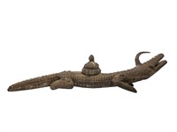 Unusual Antique Carved Crocodile W Tusks And Horn