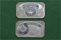 2 - 1ozt Silver .999 Bars Shriners / Masons