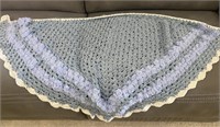 Hand-made Crocheted Shawl - Grey with Blue Stripes