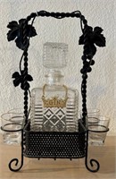 M - ANTIQUE GIN DECANTER/SHOT GLASSES W/IRON STAND