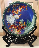 VINTAGE CHINESE CLOISONNE W/WHITE PARROT PLATE