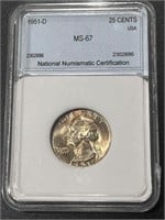 1951-D Silver Quarter NNC MS67 Guide $300