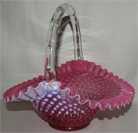 Fenton Cranberry Opalescent Hobnail Glass Basket