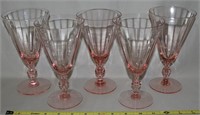 (5) Fry Pink Optic Depression Glass Goblets 6.75"