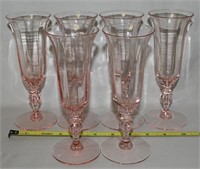 (6) Pink Optic Depression Glass 6.75 Fluted Champ