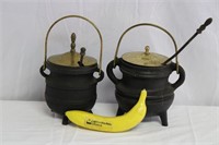 Pair 1800s Cast Iron & Brass Smudge Cauldrons