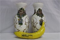 Pair Vintage Hand-Painted Milk Glass Vases