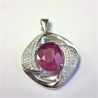 $400 Silver Big Ruby And Cz  Pendant