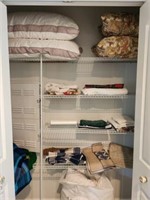 CONTENTS OF HALL CLOSET- THROWS, LINENS, MISC
