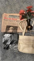 Answering machine, purse, wall art, vase,newspaper
