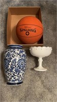 Blue & white vase, basketball, white glass candy