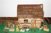Log Cabin w/ Wood Fence & Accessories, Straw
