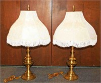 Pair Brass Table Lamps w/ Fringe Shades