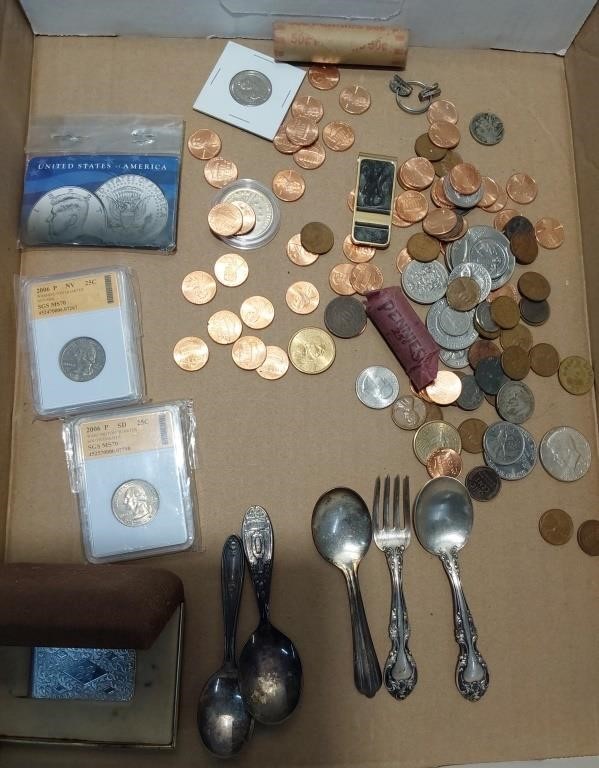 miscellaneous coins and (3) pcs of sterling