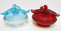 Red & Blue Top Glass Kissing Love Birds On Nest