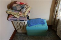 Quilts, Plastic Laundry Basket, & Hassock